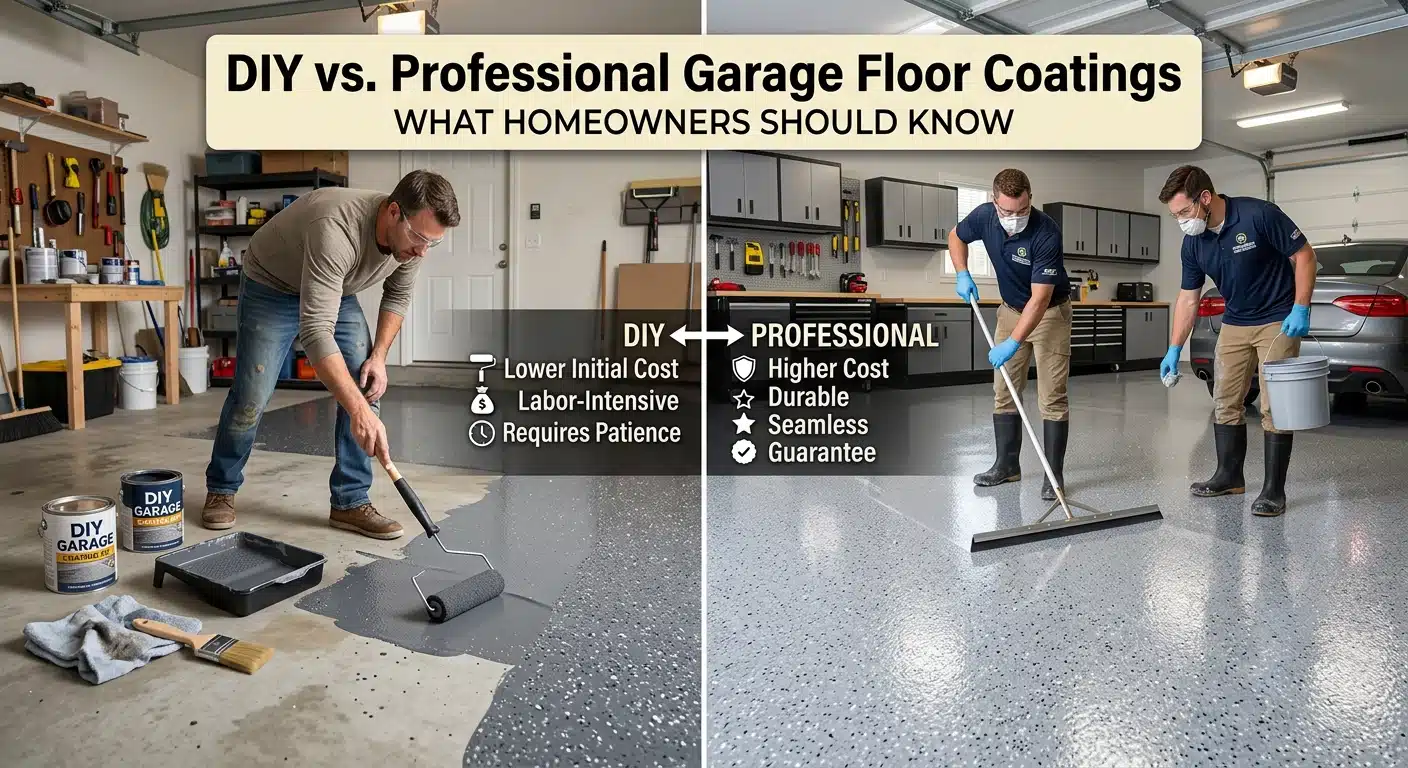 Two men applying garage floor coatings, left DIY with tools, right professional with equipment