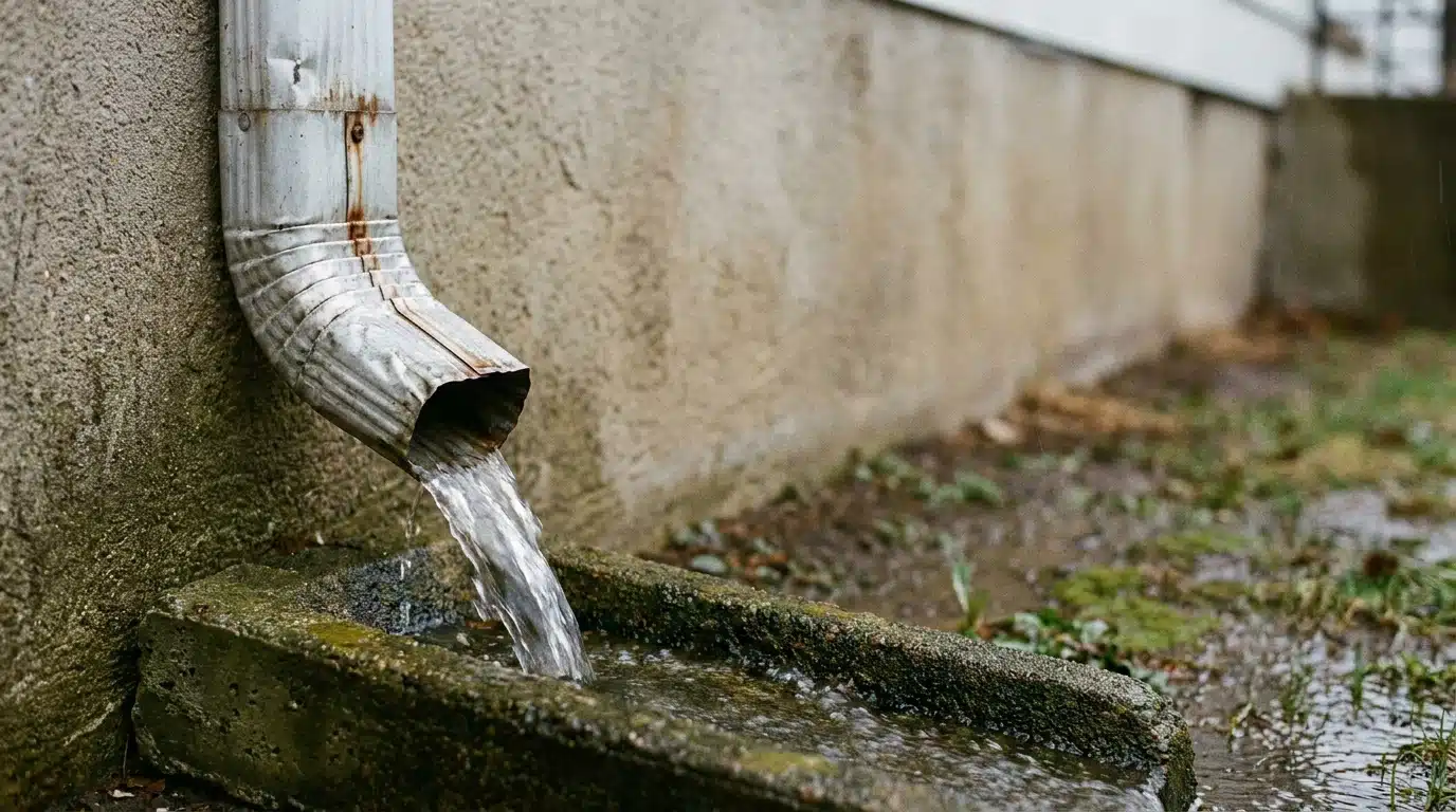Water flowing from a rusty metal downspout onto concrete slab outdoors