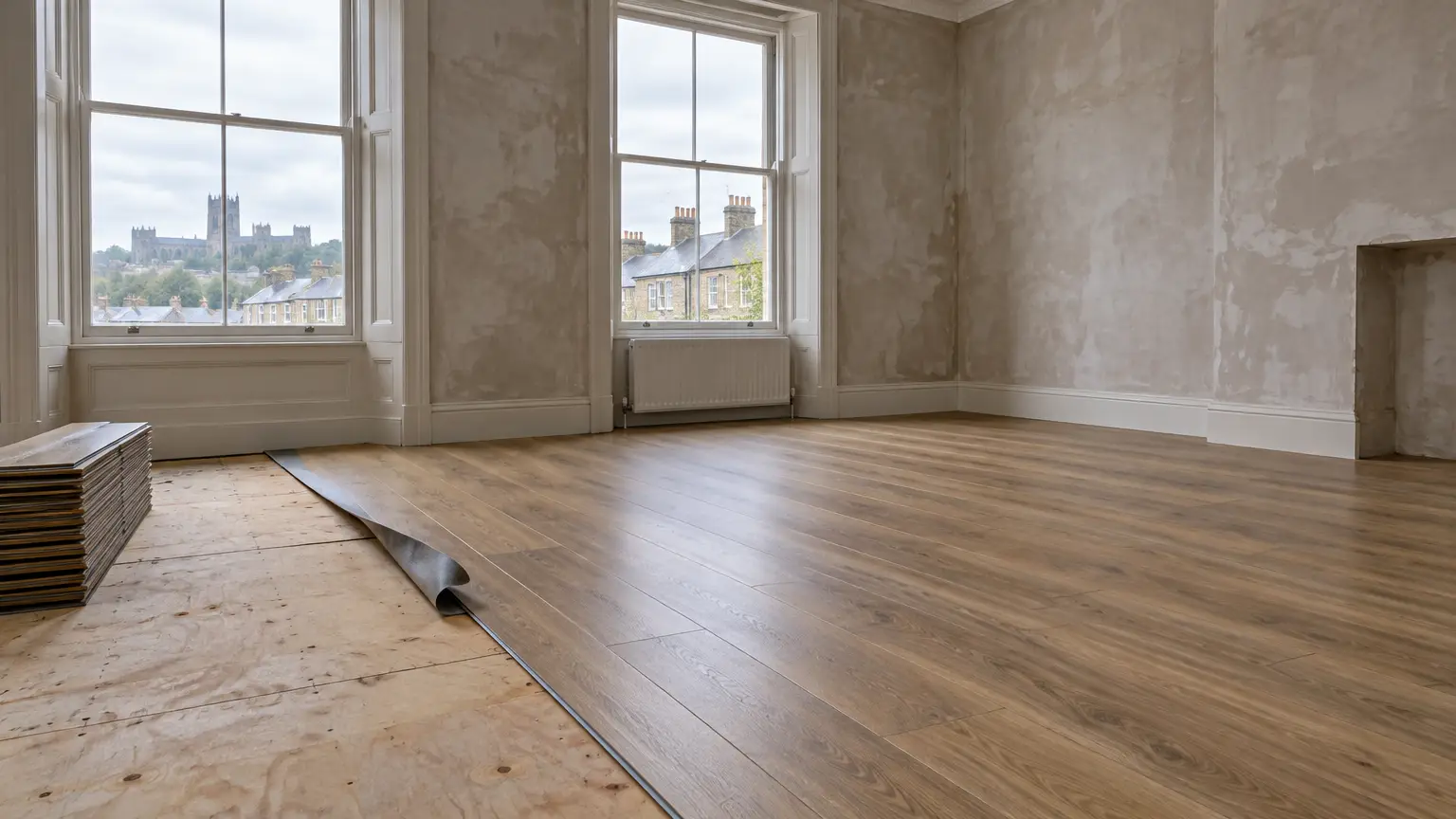 Newly installed hardwood floor in partially renovated room with large windows and view of rooftops