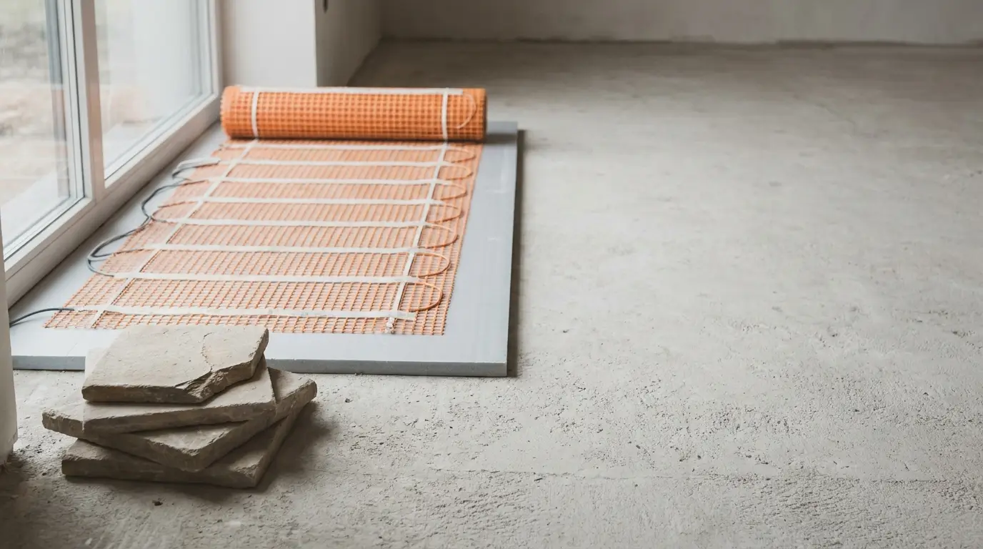 Underfloor heating mat partially unrolled on concrete surface with stacked tiles nearby