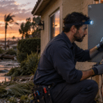 Electrician using a multimeter on outdoor panel at sunset with storm debris around
