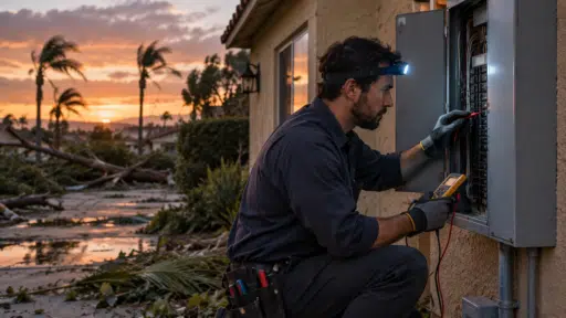 Electrician using a multimeter on outdoor panel at sunset with storm debris around
