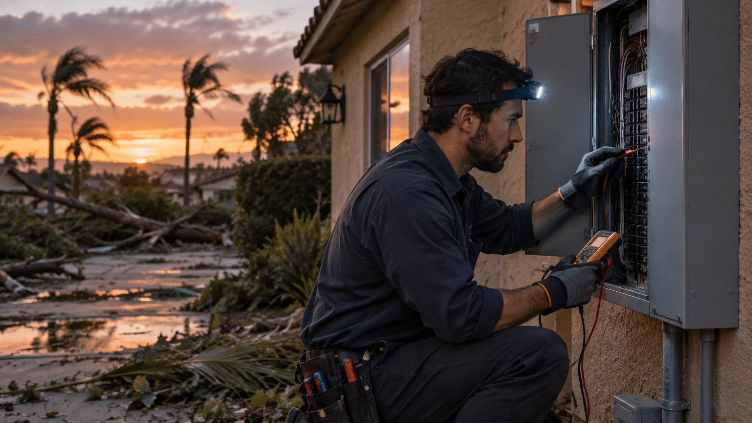 Electrician using a multimeter on outdoor panel at sunset with storm debris around