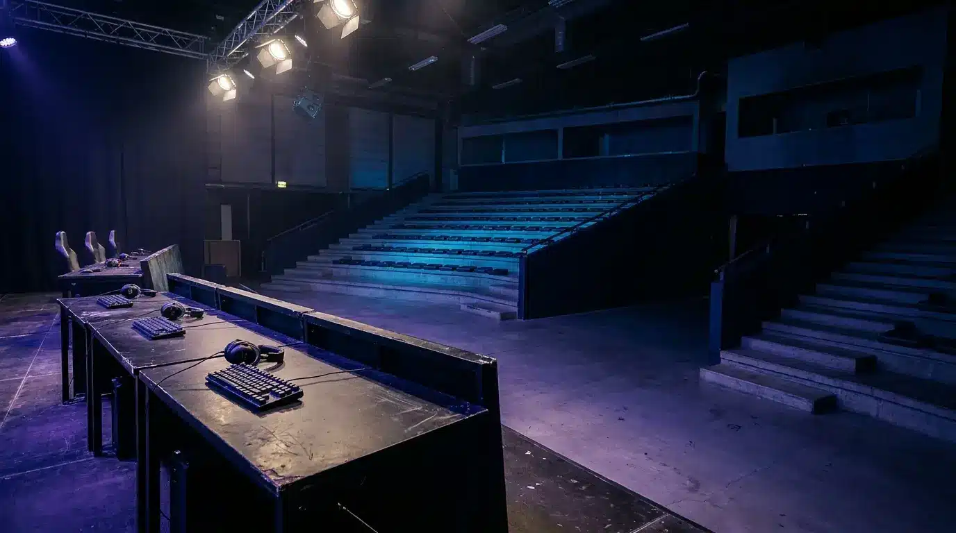 Empty esports tournament stage with gaming desks, keyboards and headsets facing rows of arena seating