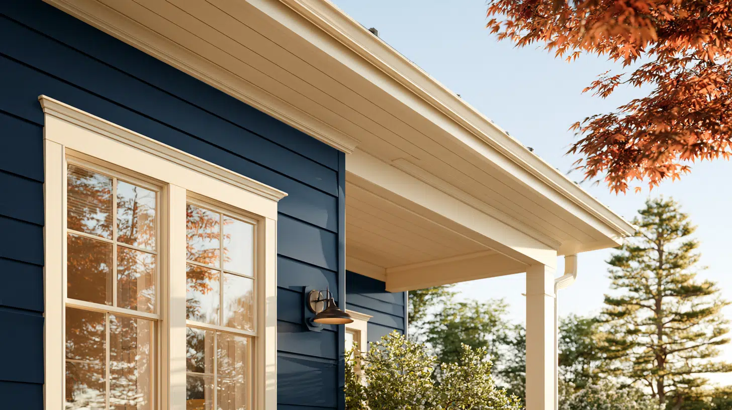 Exterior of a house with blue siding and white trim under a sunny sky with autumn leaves