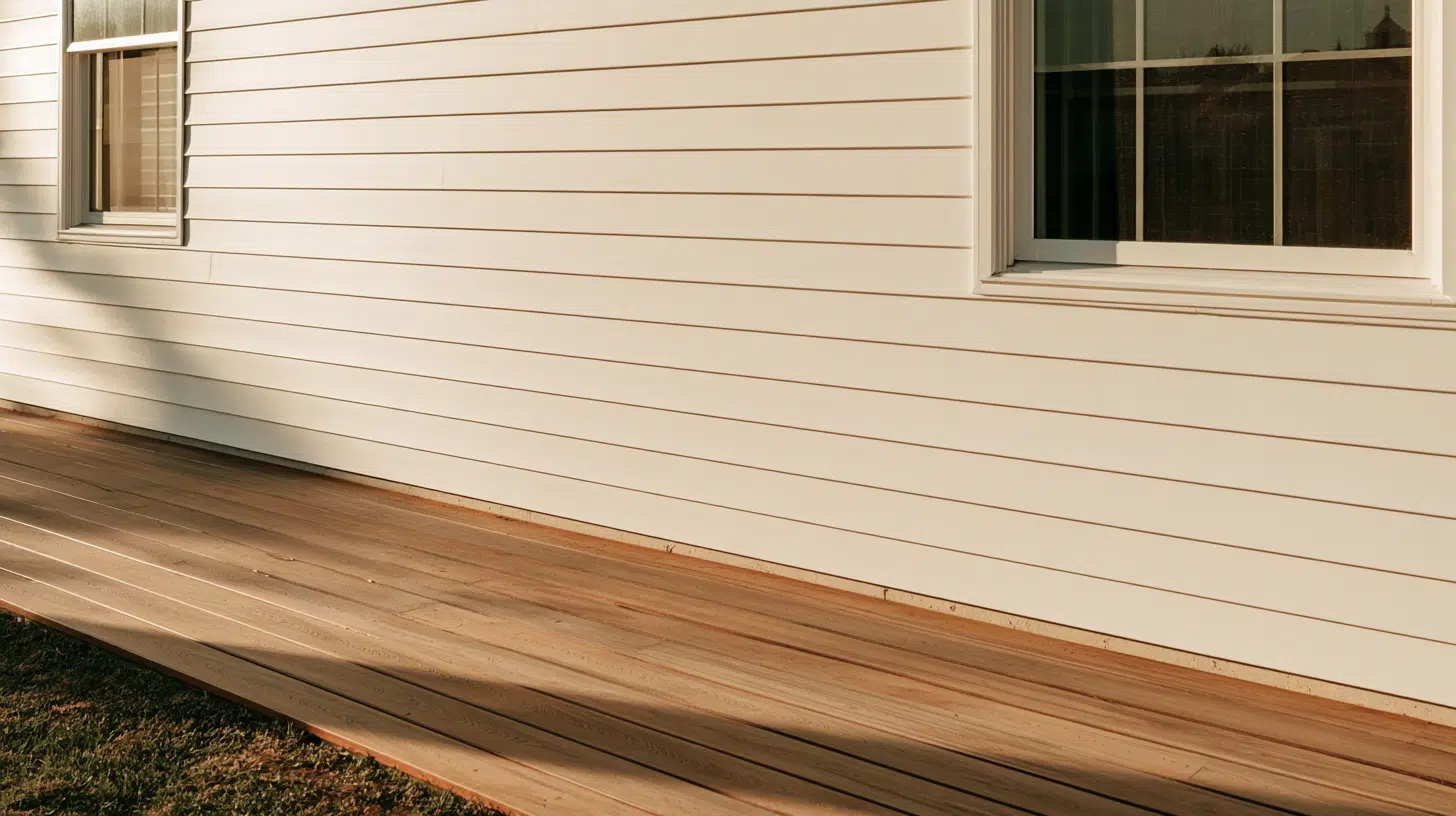 White vinyl siding exterior with wooden deck in warm afternoon light