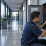 Electrician working on control panel in modern building hallway with glass windows