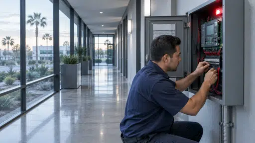 Electrician working on control panel in modern building hallway with glass windows