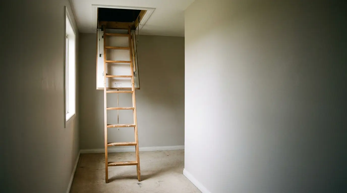 Wooden attic ladder extended from ceiling in an empty room with beige walls and carpeted floor