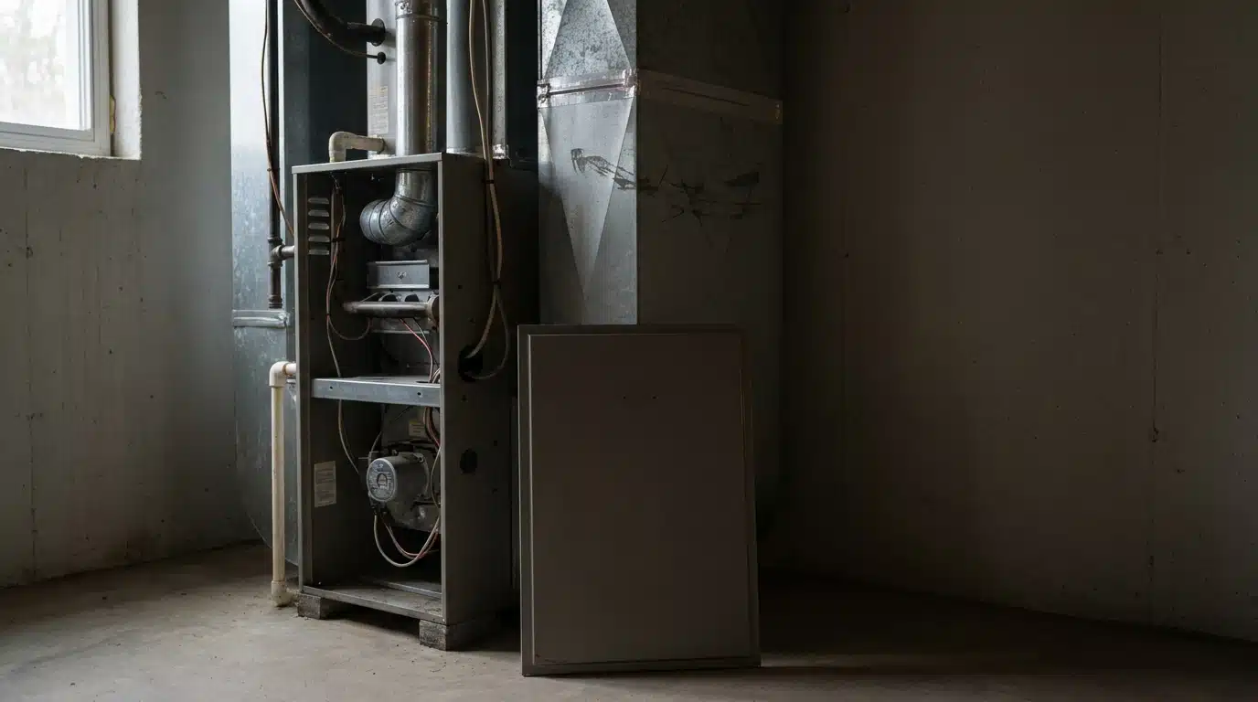 Open furnace system in dimly lit basement with exposed ductwork and pipes