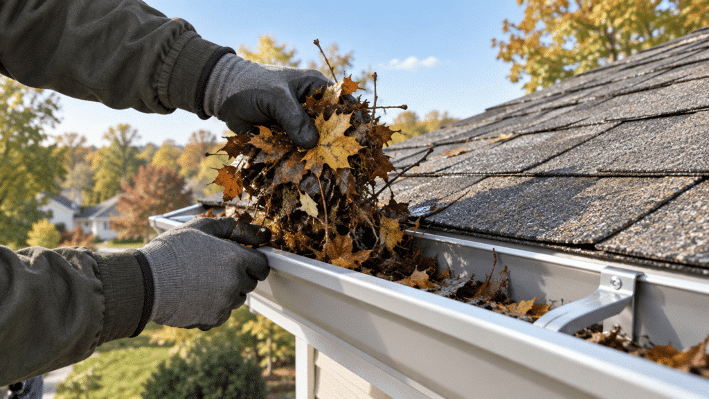 Gloved hands cleaning leaves from roof gutter on sunny autumn day