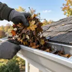Gloved hands cleaning leaves from roof gutter on sunny autumn day