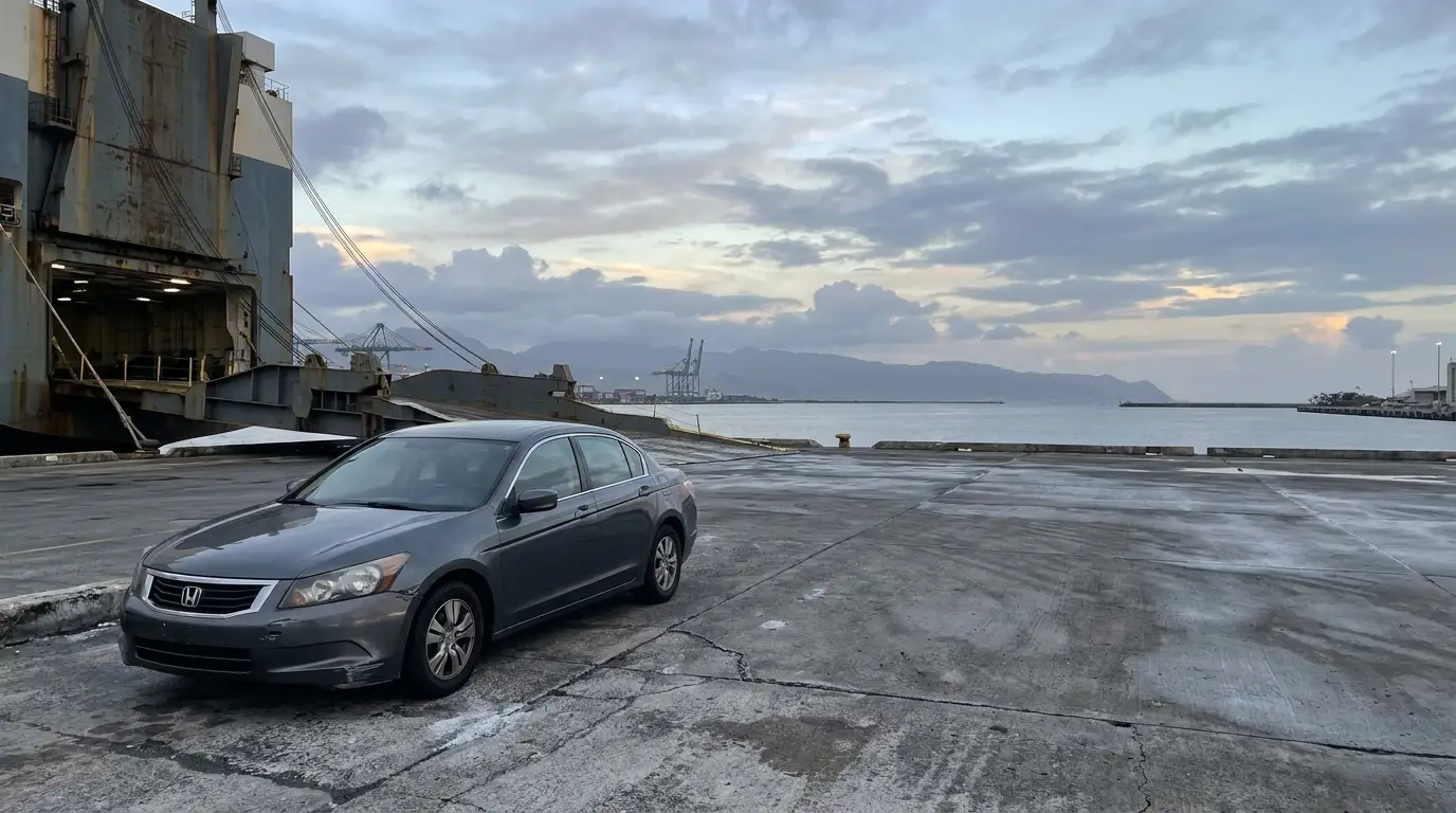 Gray sedan parked on concrete dock beside large cargo ship at sunset