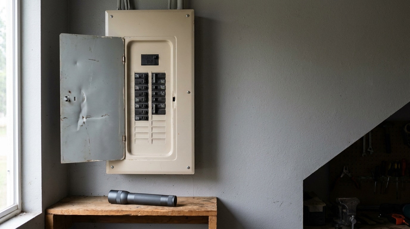 Electrical panel with open door on gray wall above wooden table with flashlight
