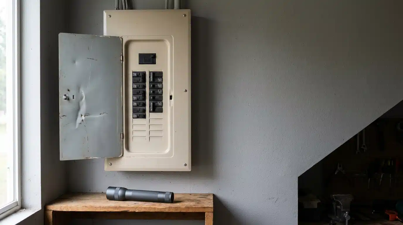 Electrical panel with open door on gray wall above wooden table with flashlight