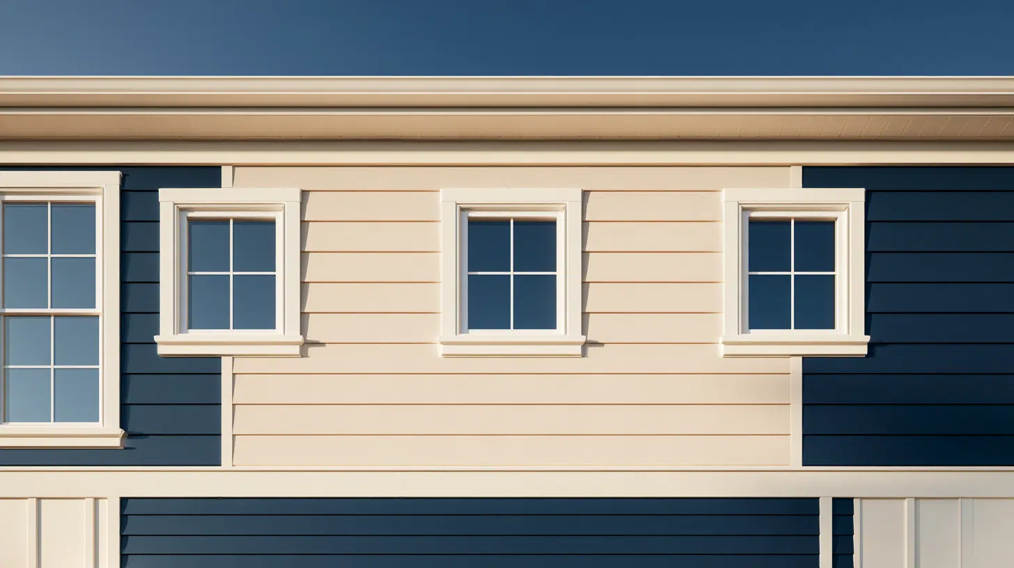 Cream and blue house facade with three white-framed windows under clear blue sky