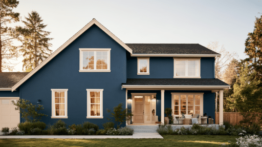 Two-story blue house with white trim surrounded by green landscaping in a suburban setting