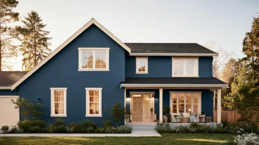 Two-story blue house with white trim surrounded by green landscaping in a suburban setting