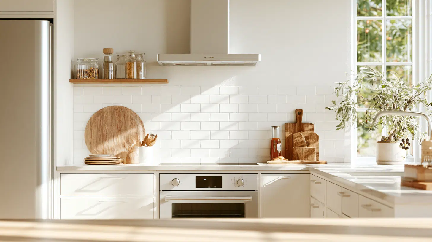 Modern kitchen with white subway tiles, wooden cutting boards, sunlight streaming through window