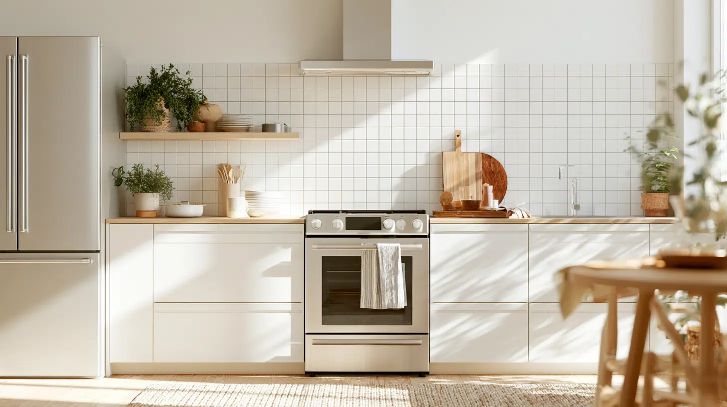 Modern kitchen with white cabinets, stainless steel appliances, and potted plants on wooden shelves