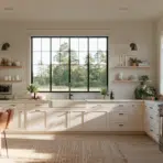 Spacious kitchen with white cabinets, large windows, and plants on wooden shelves