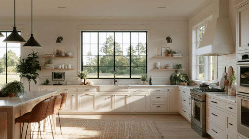 Spacious kitchen with white cabinets, large windows, and plants on wooden shelves