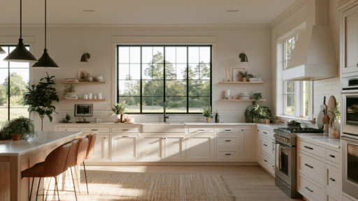 Spacious kitchen with white cabinets, large windows, and plants on wooden shelves