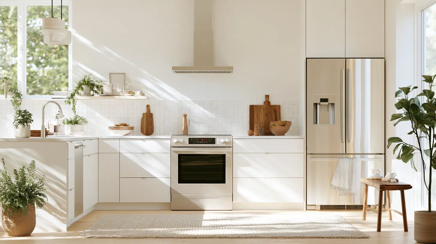 Bright modern kitchen with white cabinets, stainless steel appliances, and indoor plants in natural light