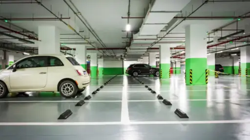 Underground parking garage with parked cars and green-striped columns under fluorescent lighting