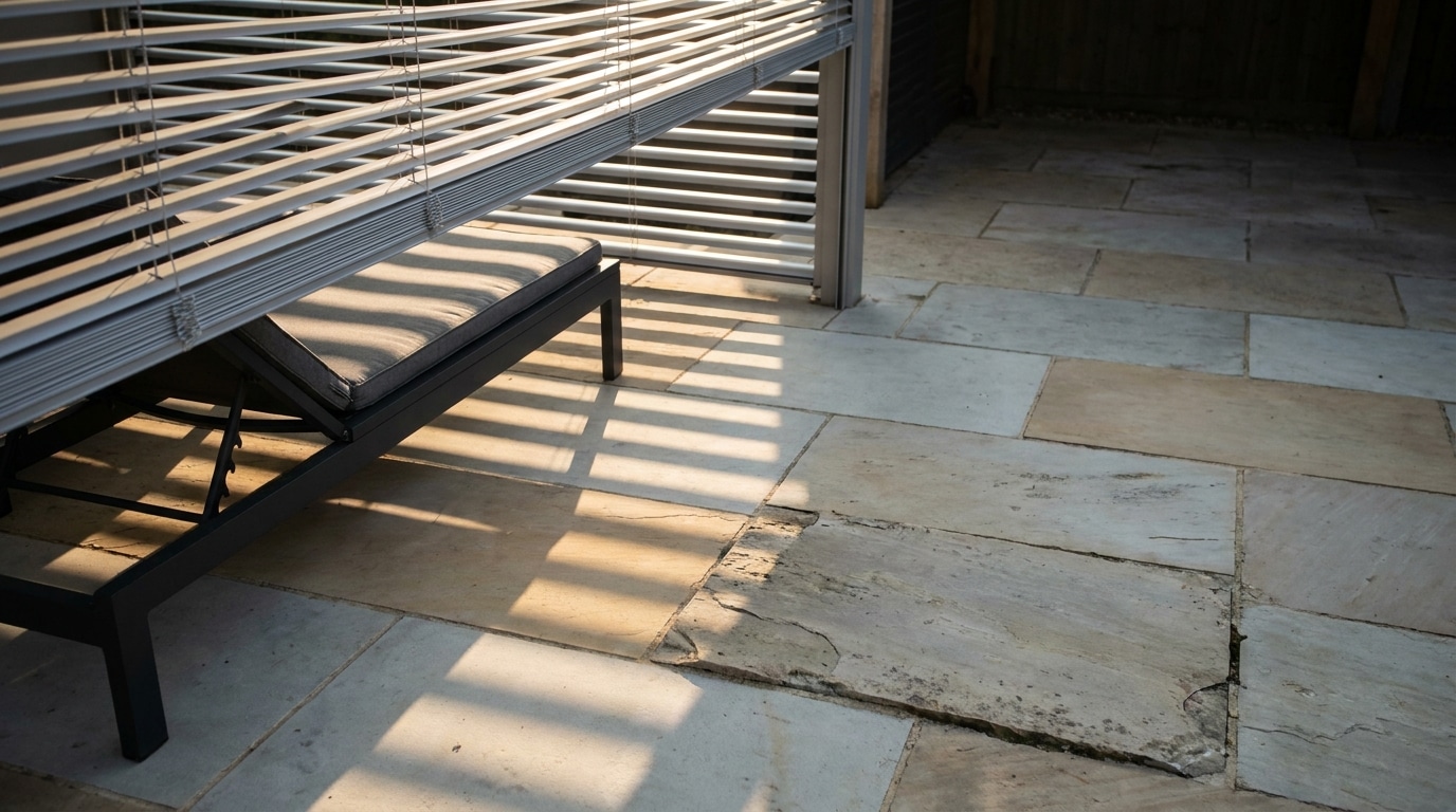 Sunlit patio with gray lounge chair and striped shadows on stone tiles