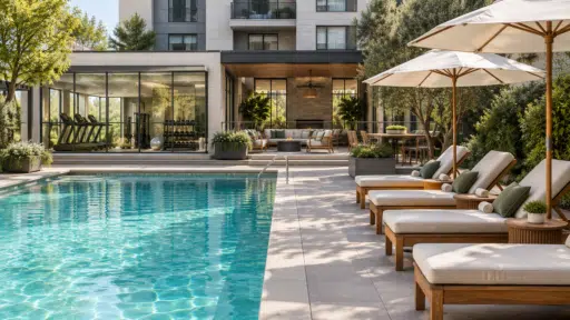 Poolside lounge chairs under umbrellas near modern gym with glass facade