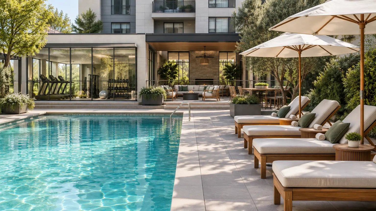 Poolside lounge chairs under umbrellas near modern gym with glass facade