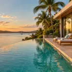 Luxurious beachfront villa with infinity pool and palm trees at sunset overlooking the ocean