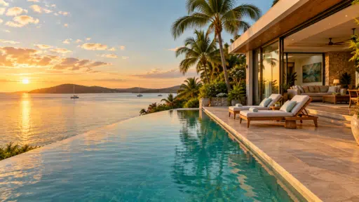 Luxurious beachfront villa with infinity pool and palm trees at sunset overlooking the ocean