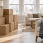 Cardboard boxes stacked in bright living room with sofa and packing materials