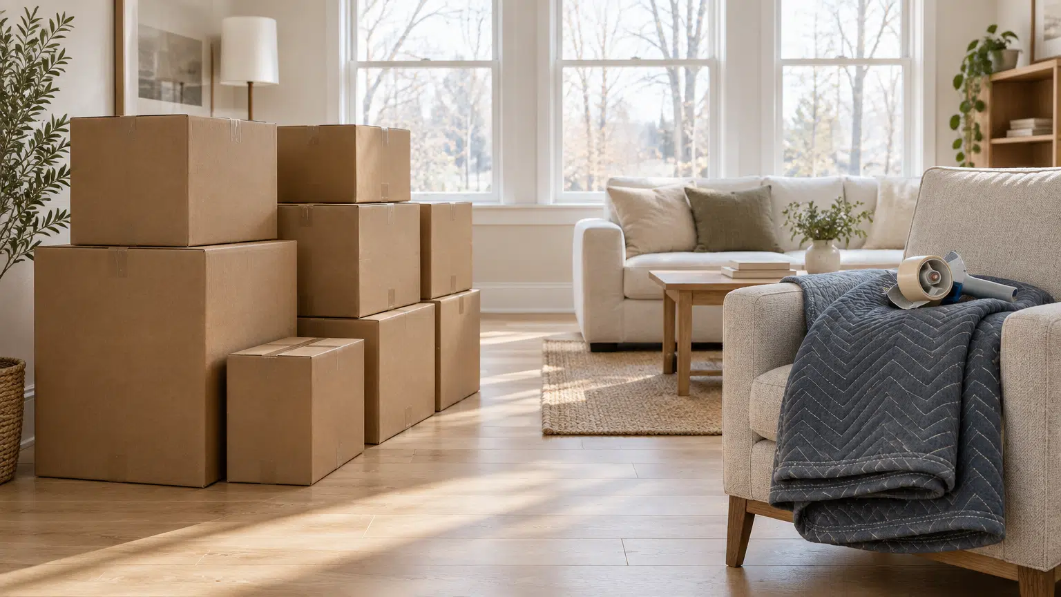 Cardboard boxes stacked in bright living room with sofa and packing materials