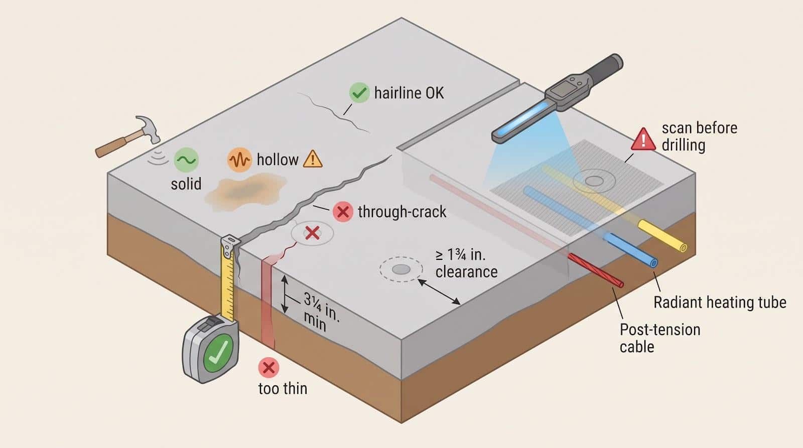 Cross-section diagram of concrete slab showing cracks, tape measure, and scanning device with labels