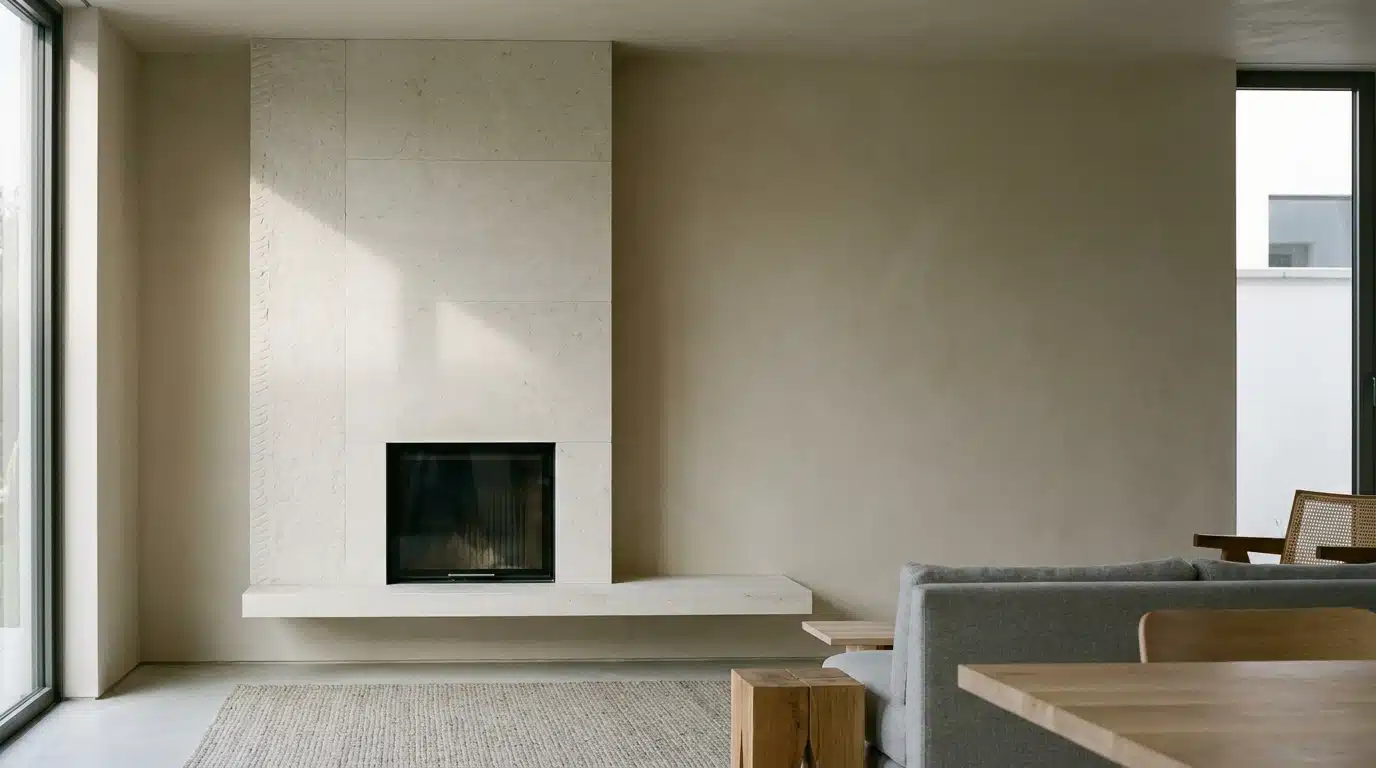 Modern living room with beige walls, minimalist fireplace, and wooden furniture in natural light