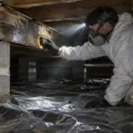 Worker in protective suit inspecting wooden beam in dimly lit crawl space