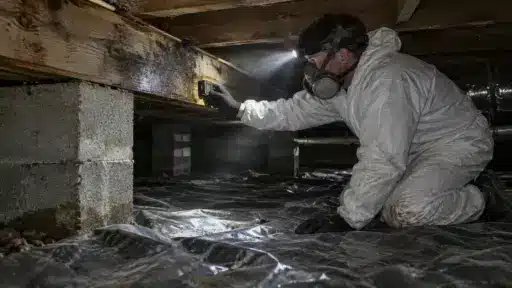 Worker in protective suit inspecting wooden beam in dimly lit crawl space