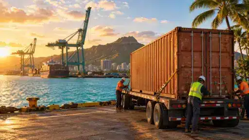 Dock workers securing cargo container on truck at sunset near harbor cranes and ocean backdrop