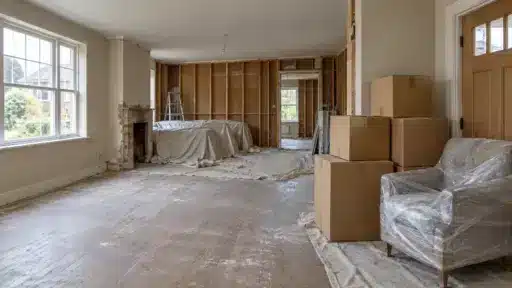 Unfinished living room renovation with stacked cardboard boxes and covered furniture, under soft natural light