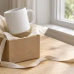 White mug in open cardboard gift box on wooden table near window