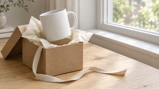 White mug in open cardboard gift box on wooden table near window