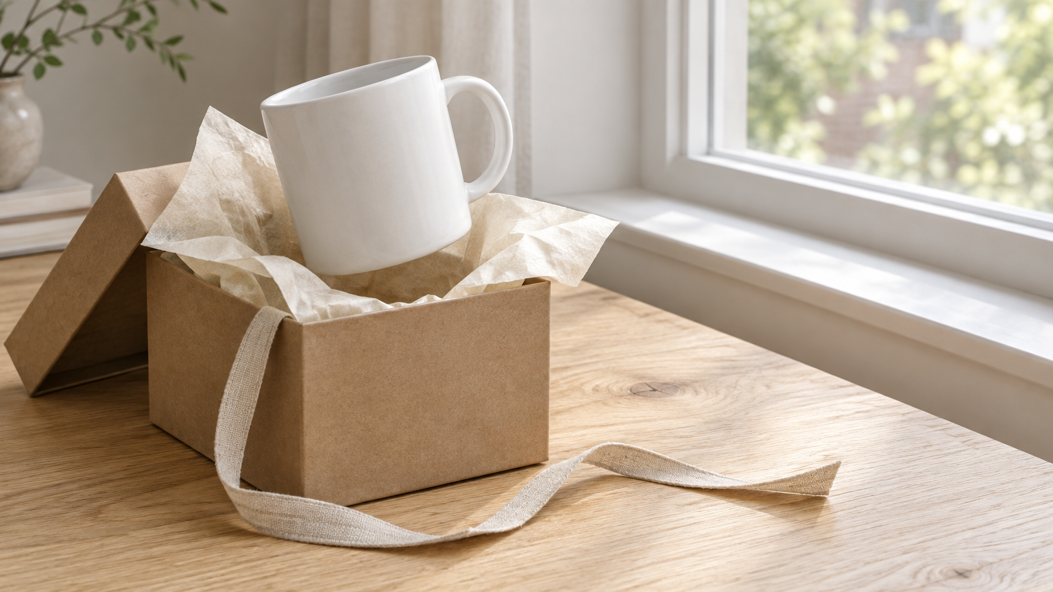 White mug in open cardboard gift box on wooden table near window