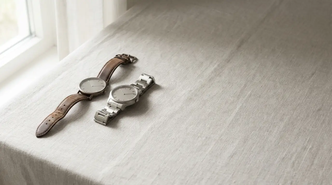 Two minimalist wristwatches with leather and metal bands on a neutral linen surface