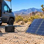 Solar panels and portable power station beside camper van in desert landscape
