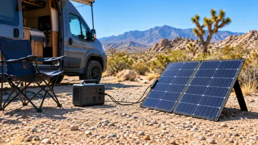 Solar panels and portable power station beside camper van in desert landscape