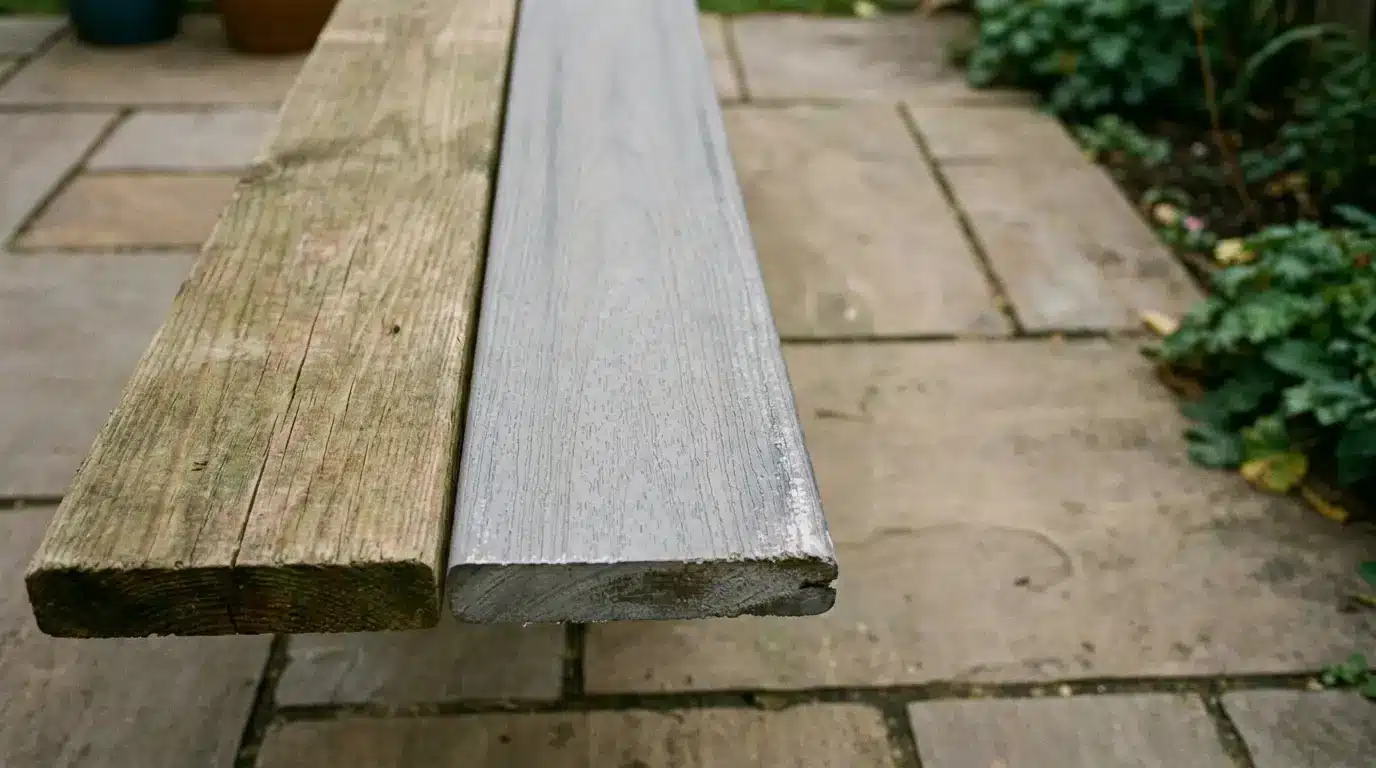Comparison of weathered and new wooden deck boards on stone patio outdoors