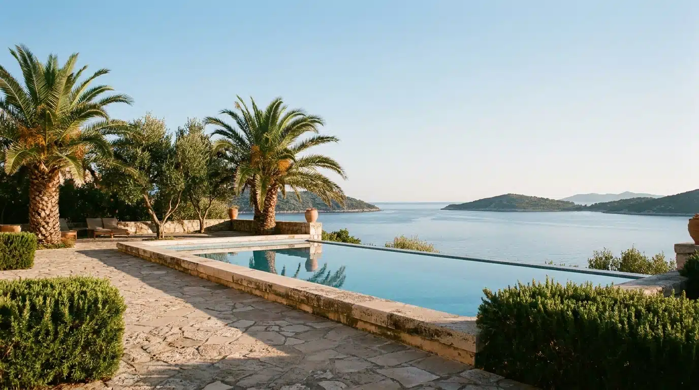 Swimming pool surrounded by greenery with ocean view and sailboats at sunset